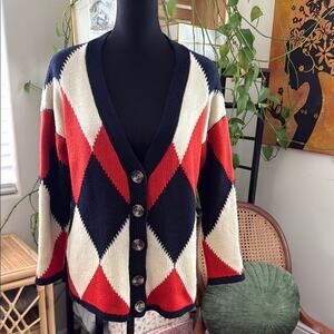Beulah Style Navy, Cream, and Red Harlequin Knit Button Up Cardigan Sweater